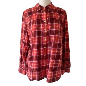 Talbots medium petite button down plaid shirt long sleeves  pink orange white